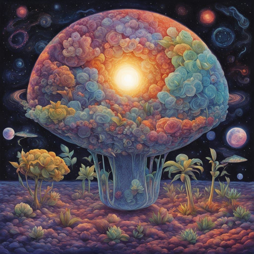 Cosmic Mushroom Whirlwinds in Surreal Astral Dance