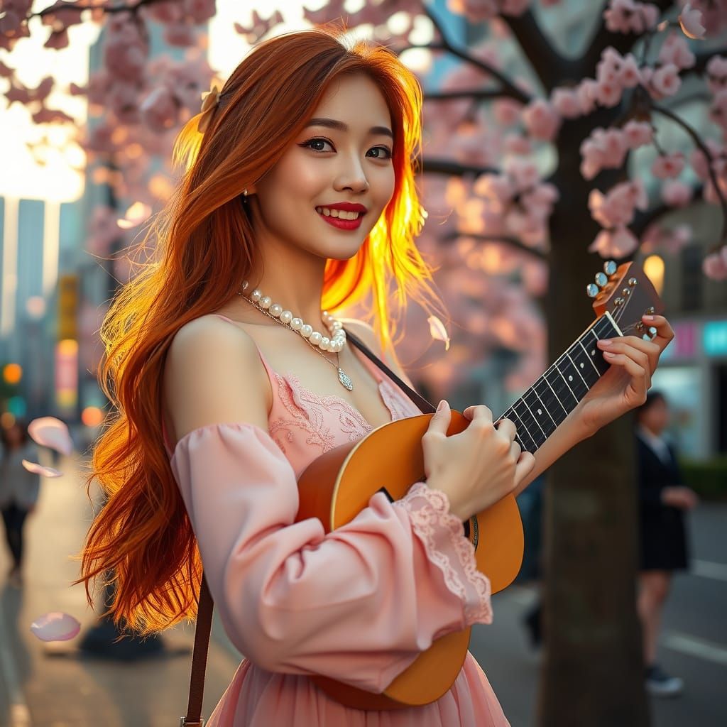 Akane busking with a guitar in Tokyo