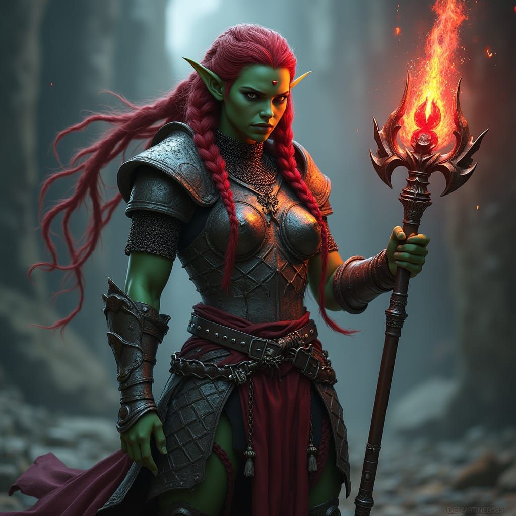 Half-Orc Cleric with Magical Spear, Matte Painting Style