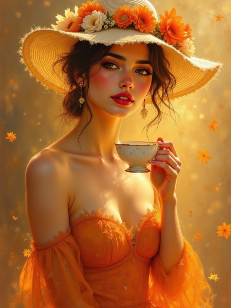 Elegant Woman with Teacup in Golden Hour: Waterhouse and da ...