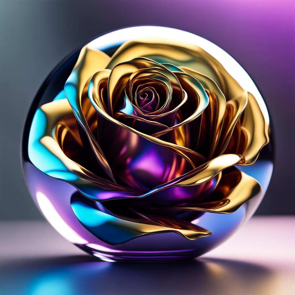 Iridescent Metal Rose Inside Glass Sphere
