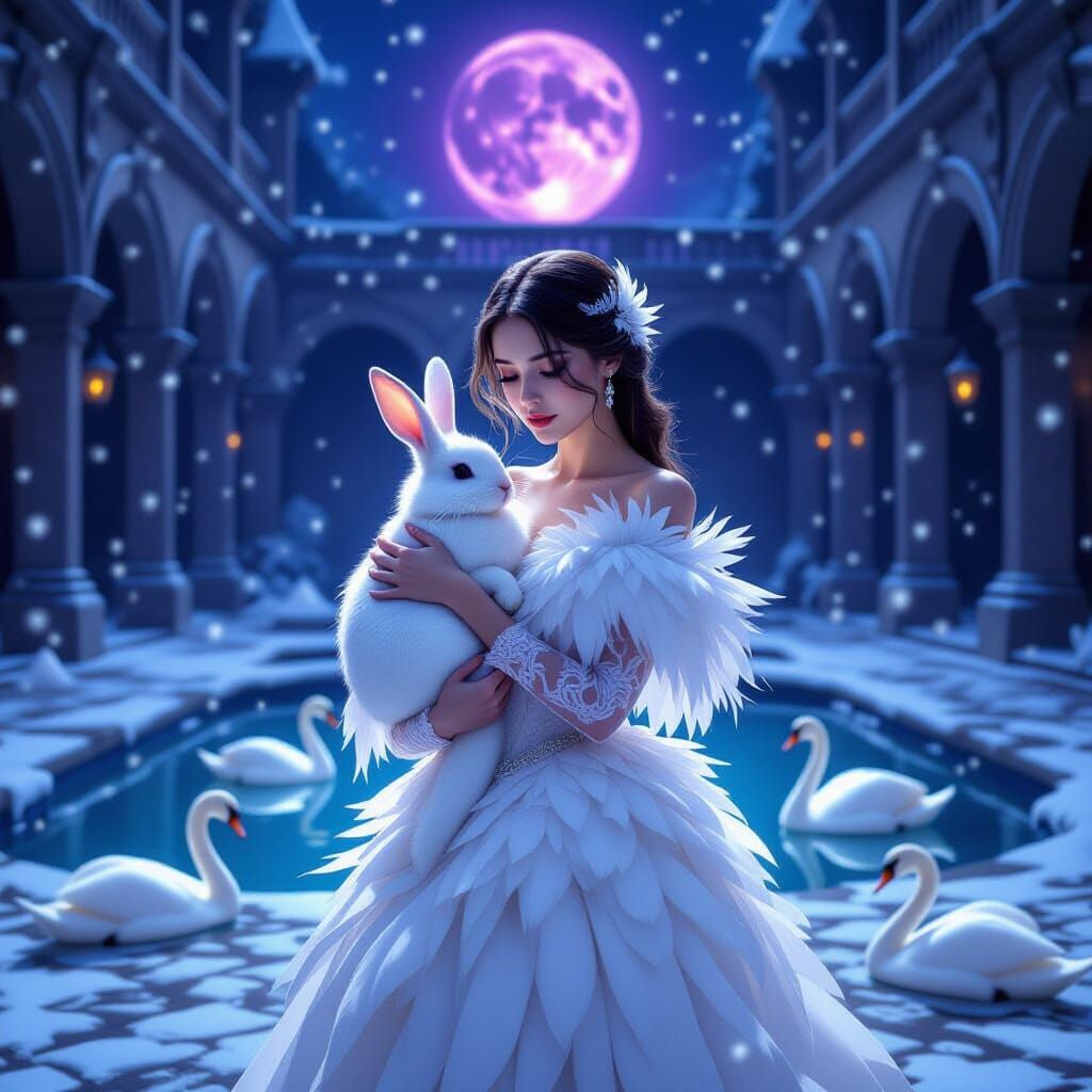 Enchanted Winter Portrait Of A Girl With Rabbit
