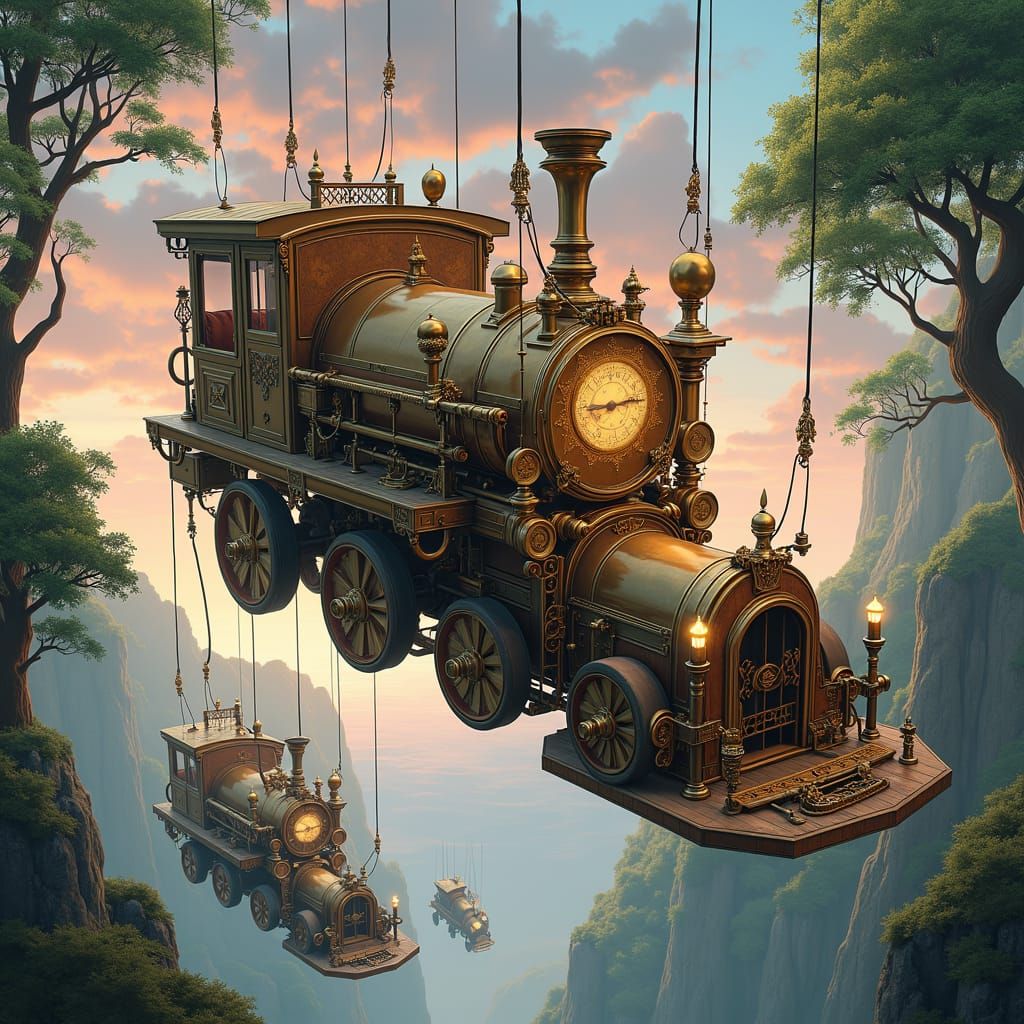 Steampunk Engine in Treetops with Vintage Cars