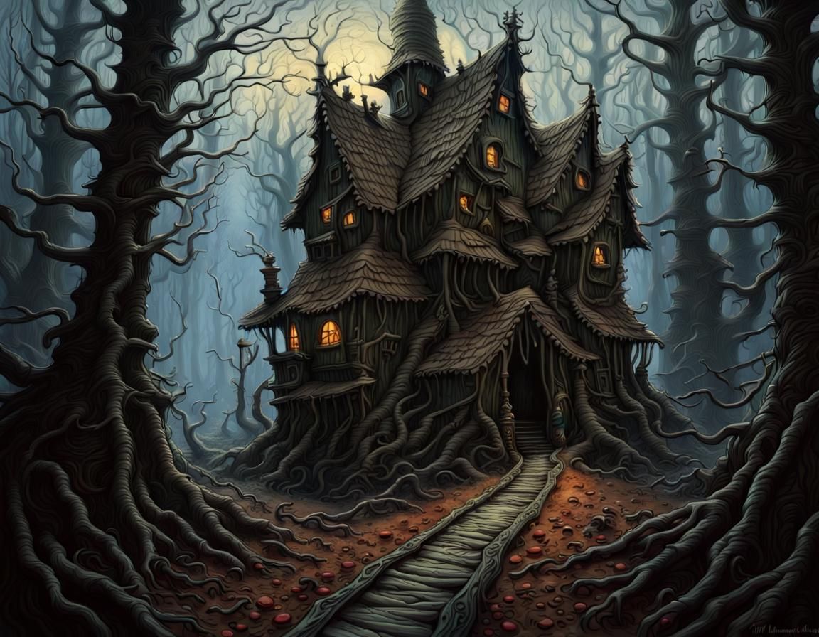 Ominous Gingerbread House in Dark Forest