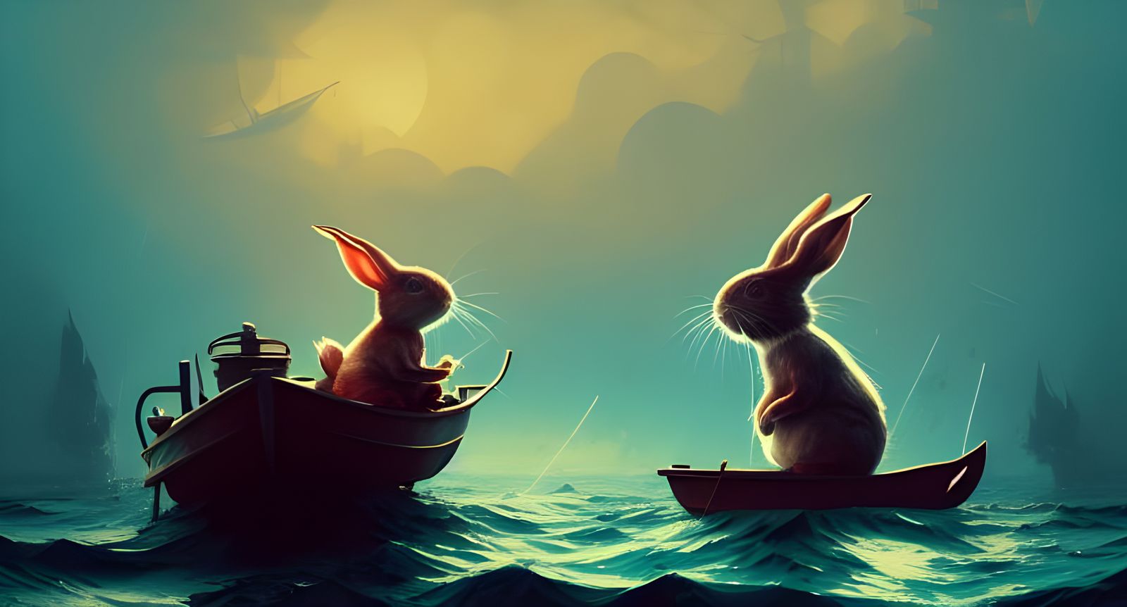 Rabbit on Boat in Stormy Sea: Digital Illustration