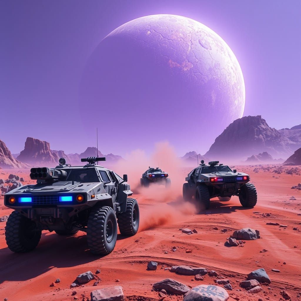 Galactic Marines on a Barren Alien Moon, with a Fiery Purple...