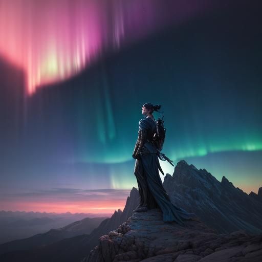 Majestic Figure Stands at the Edge of a Precipice in a Breat...