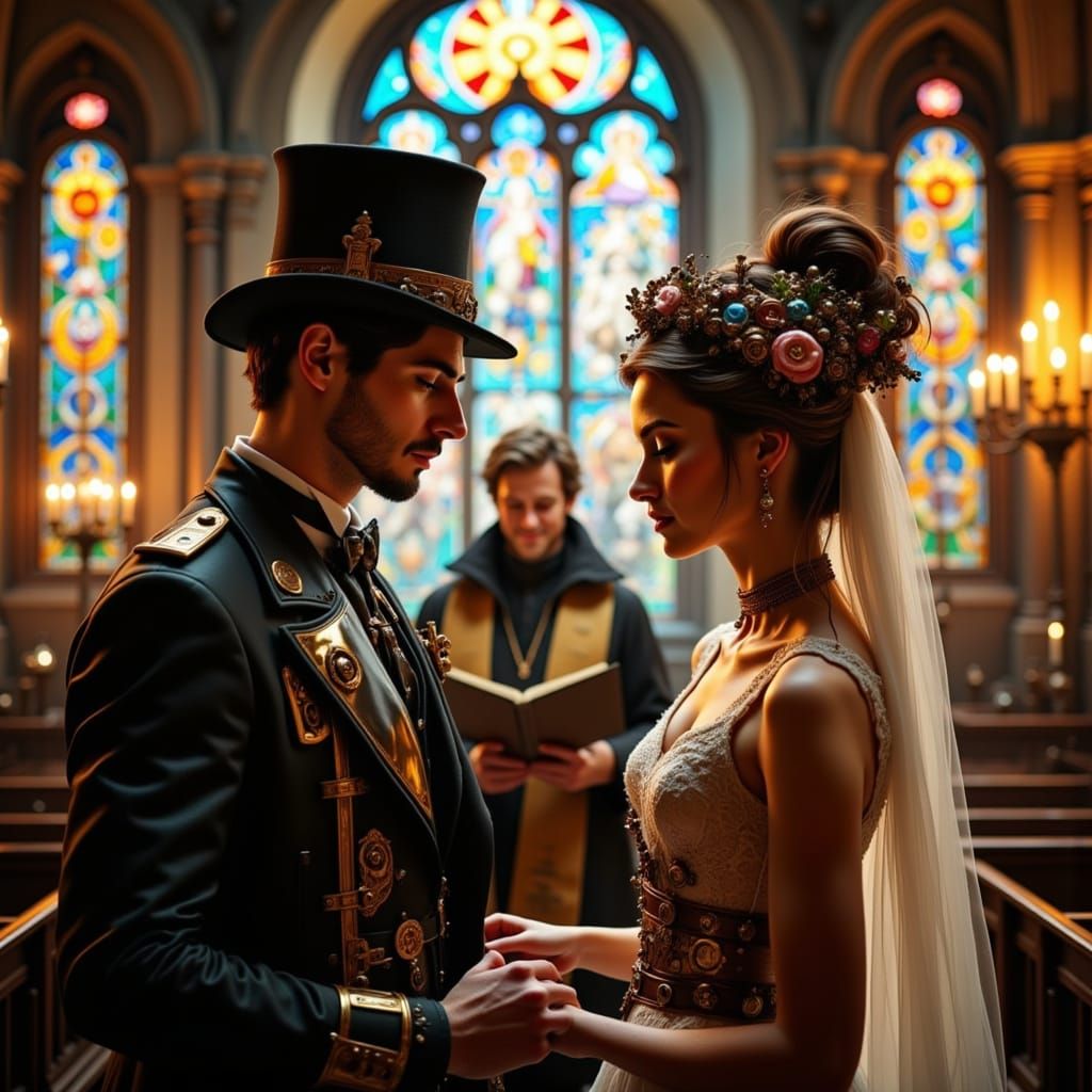 Steampunk Wedding Ceremony in a Stained-Glass Church