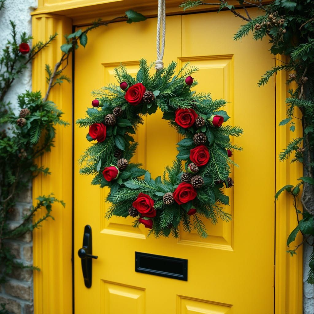 English Cottage in Warm Light with Floral Wreath