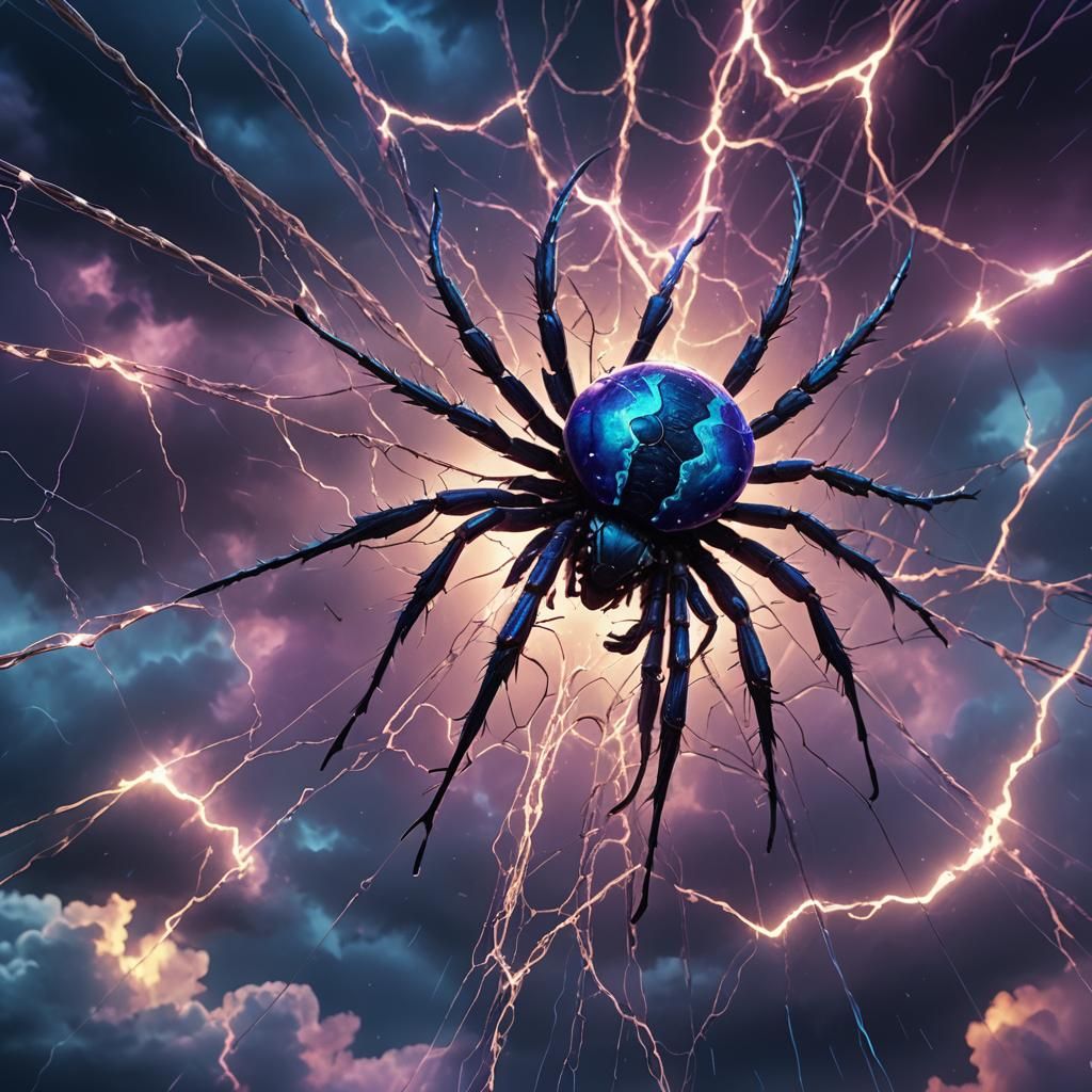 Blue Spider Weaves Thunder in Electric Sky