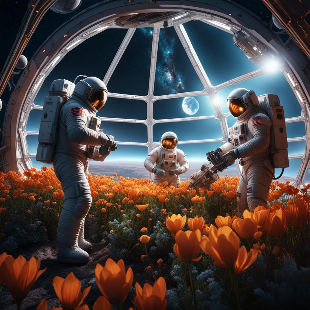 Astronauts Tend Lunar Flowers: Detailed Matte Painting