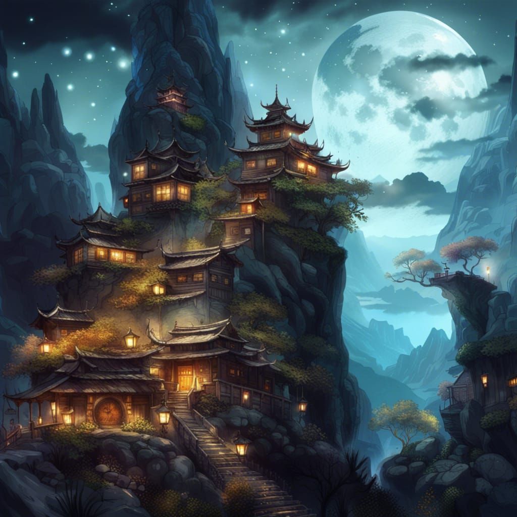 Fantasy Village at Night with Bonsai Mountain