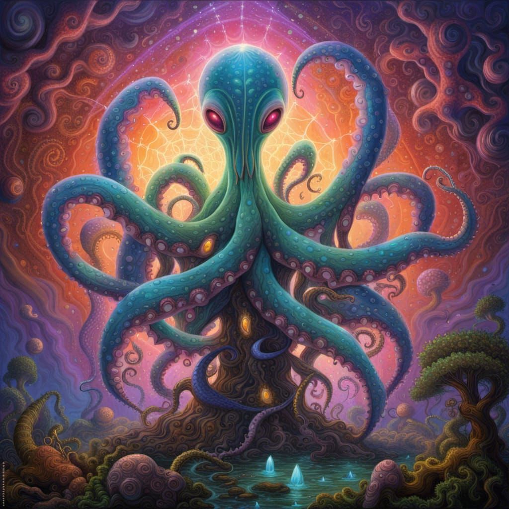 Alien Octopus Dance Around Wind Turbine in Suminagashi Style