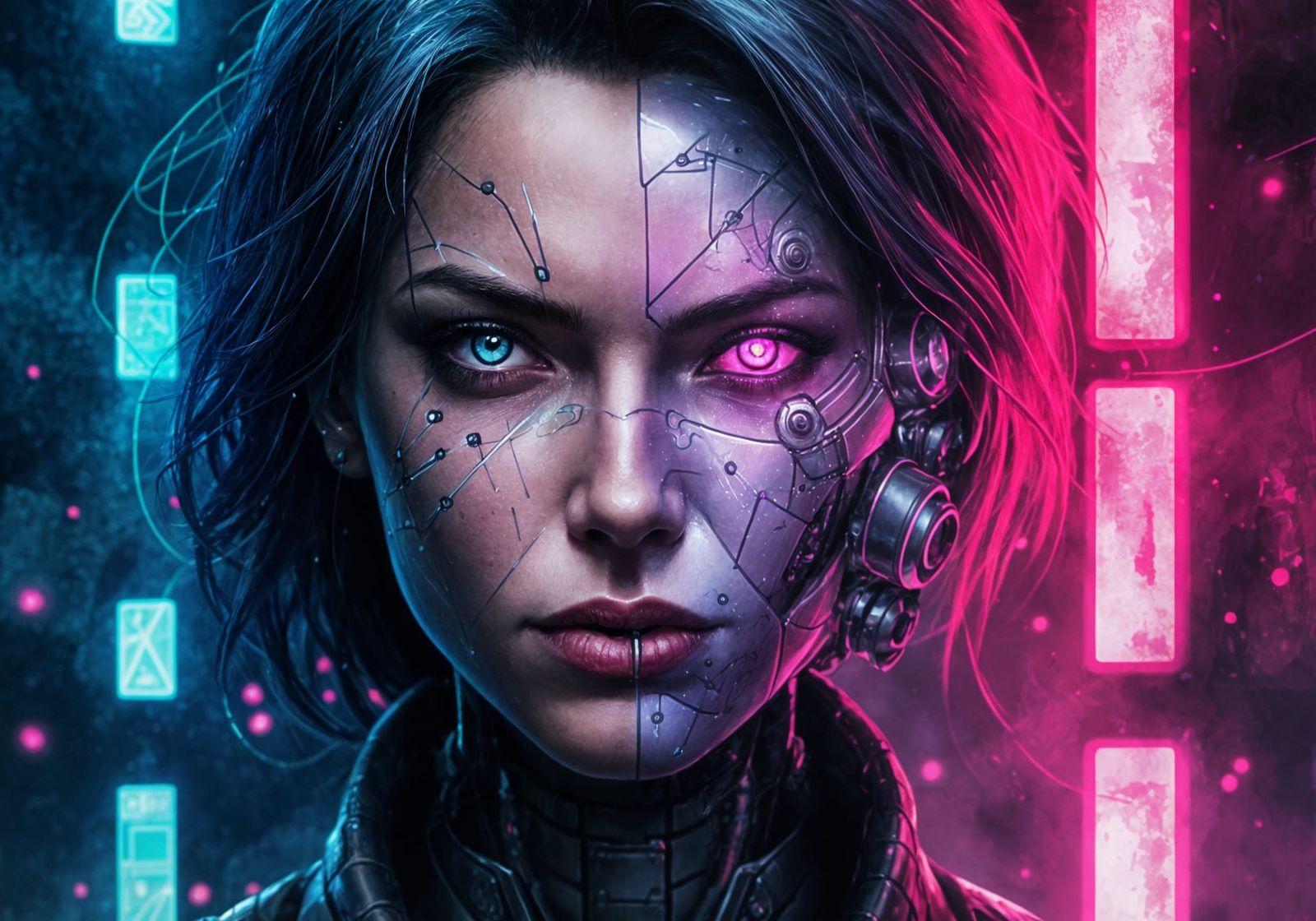 Cyberpunk Cyborg Bounty Hunter in Watercolor Style