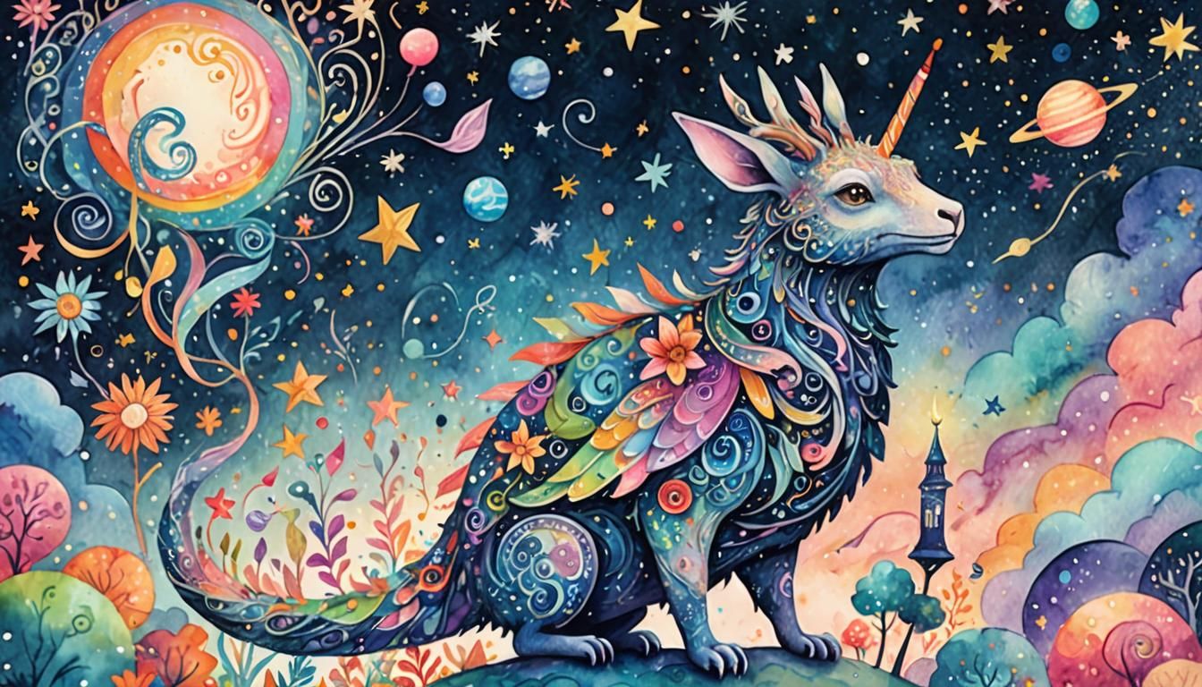 Whimsical Doodle World with Mythical Creature