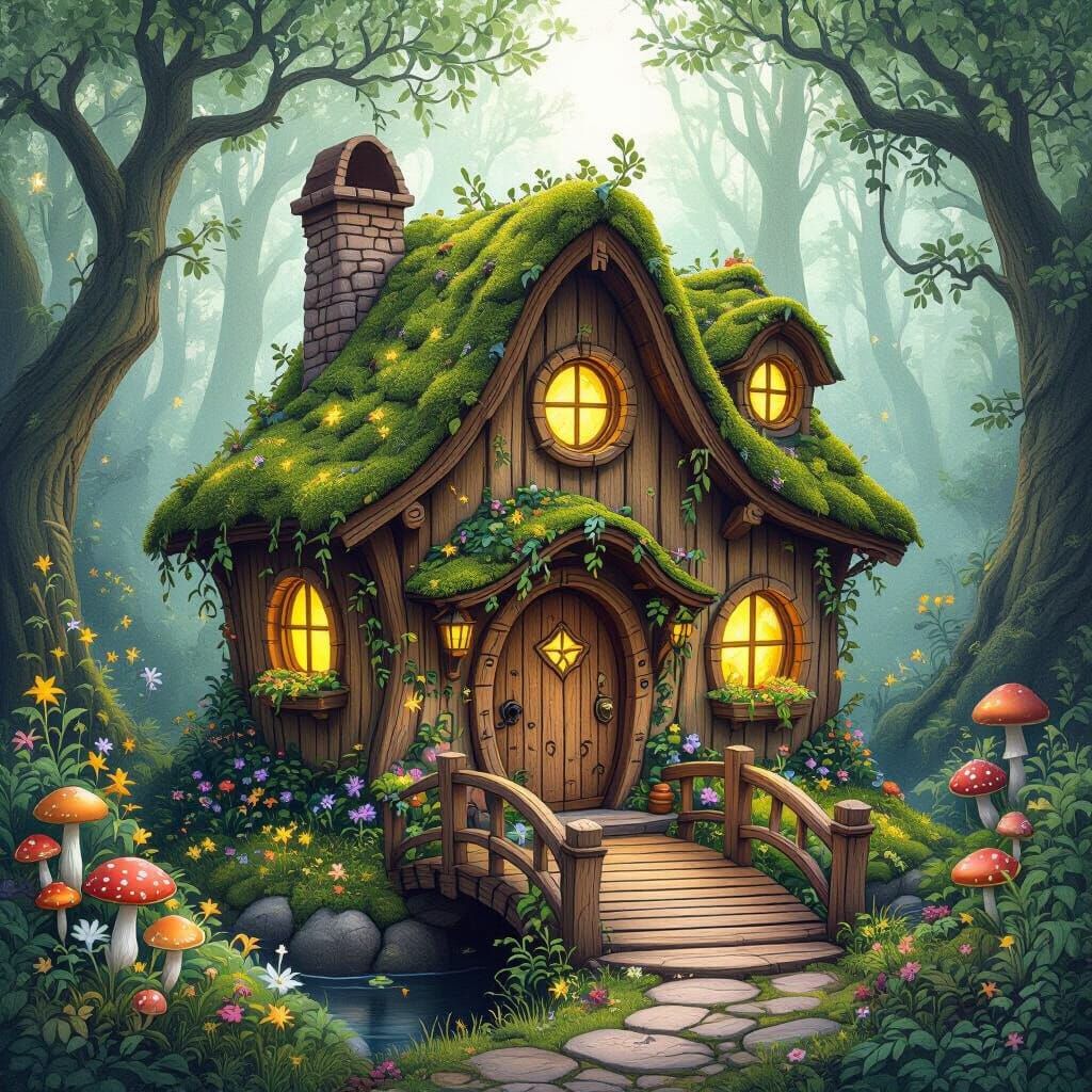 Magical Wooden House in Ancient Forest