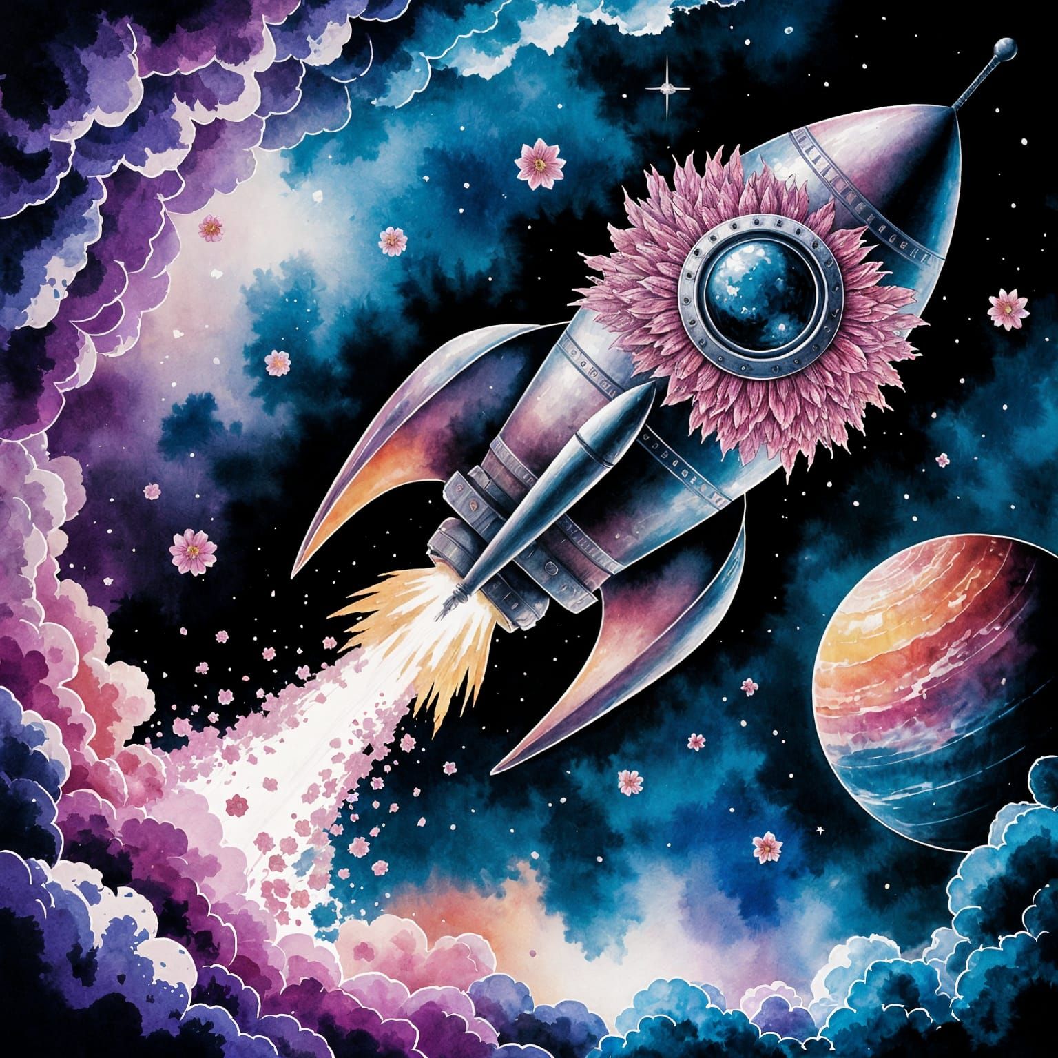 Floral Rocket Blasts Off: Watercolor Space Art