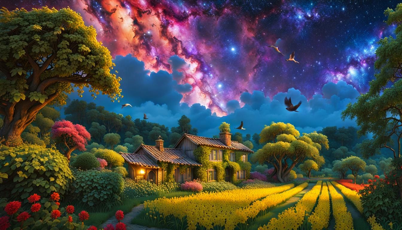 Cosmic Garden: Birds Fly Under Galaxy Sky