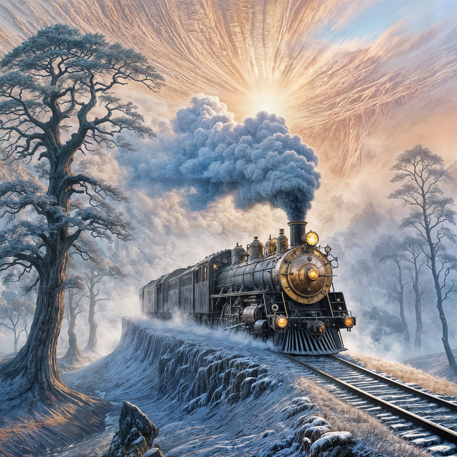 Ethereal Train Emerging from Misty Dreamscape