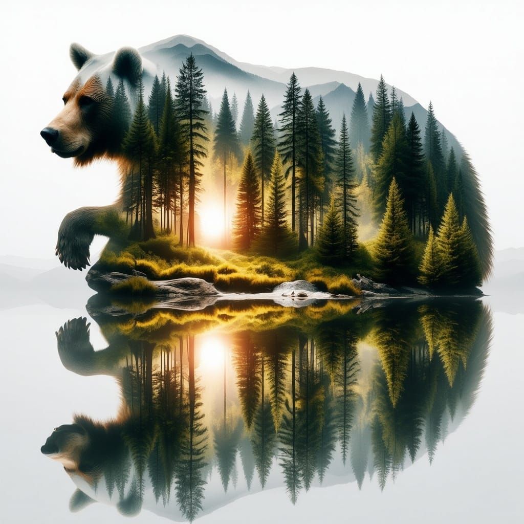 Double Exposure Bear in Forest Nature Scape