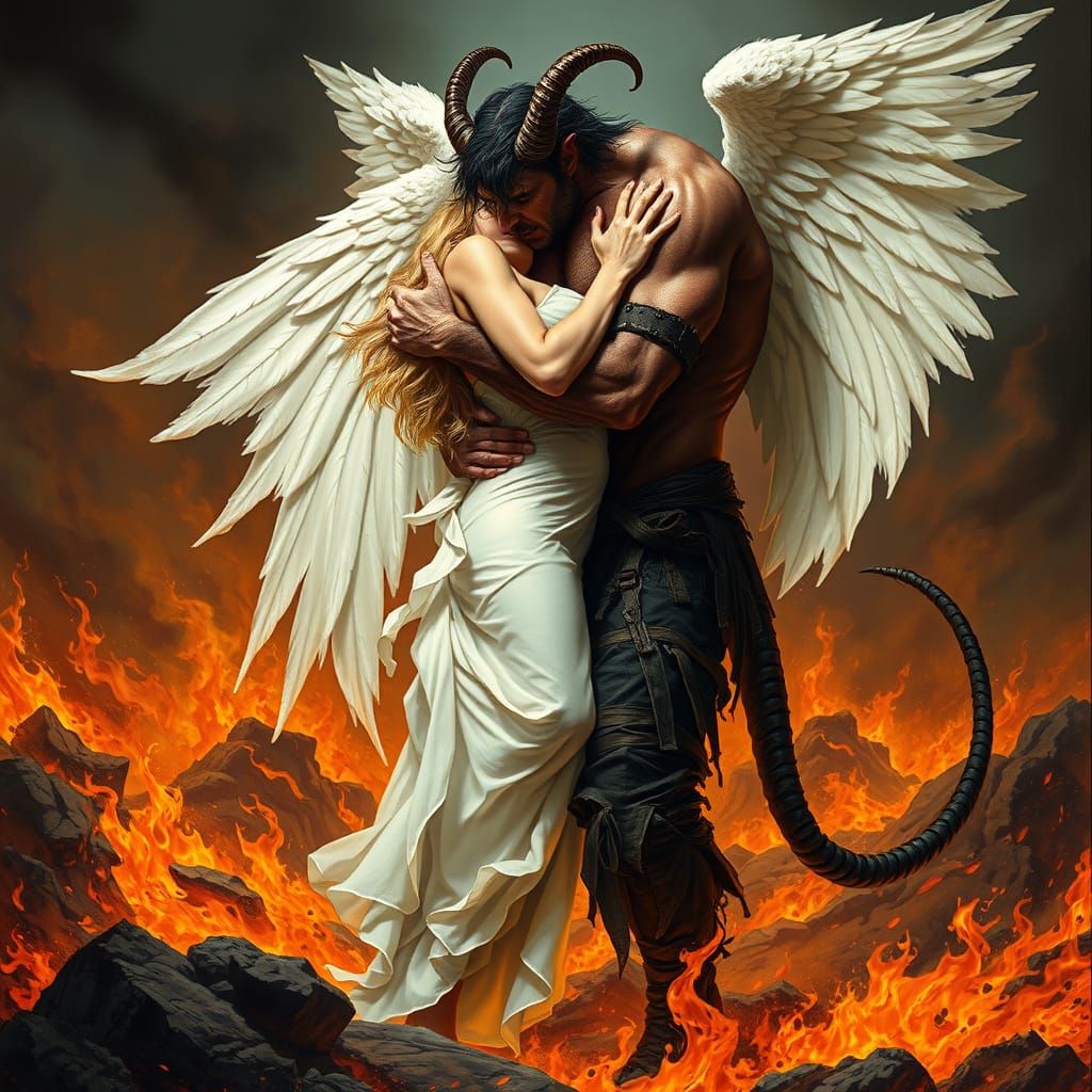 Dark Demon Embracing Radiant Angel in Apocalyptic Landscape