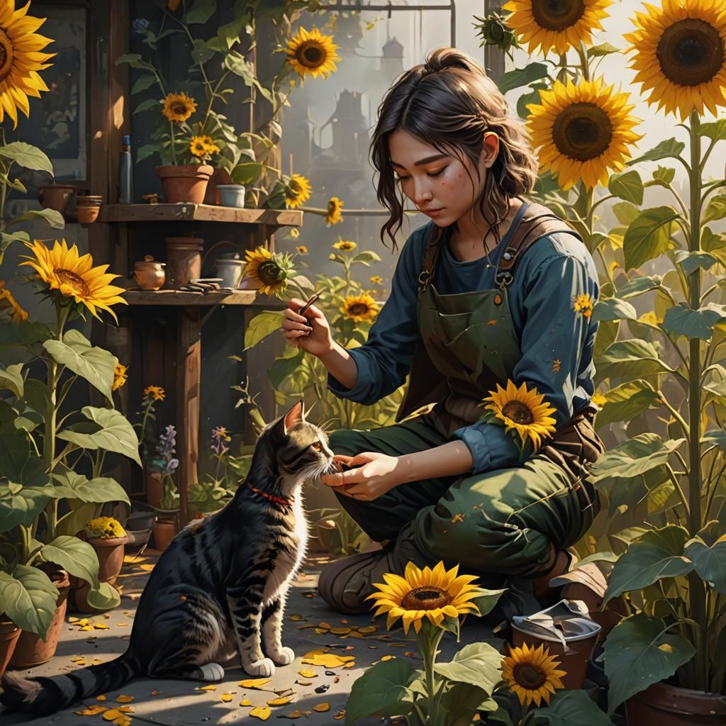 Girl Painting Cat with Sunflowers, Detailed Art