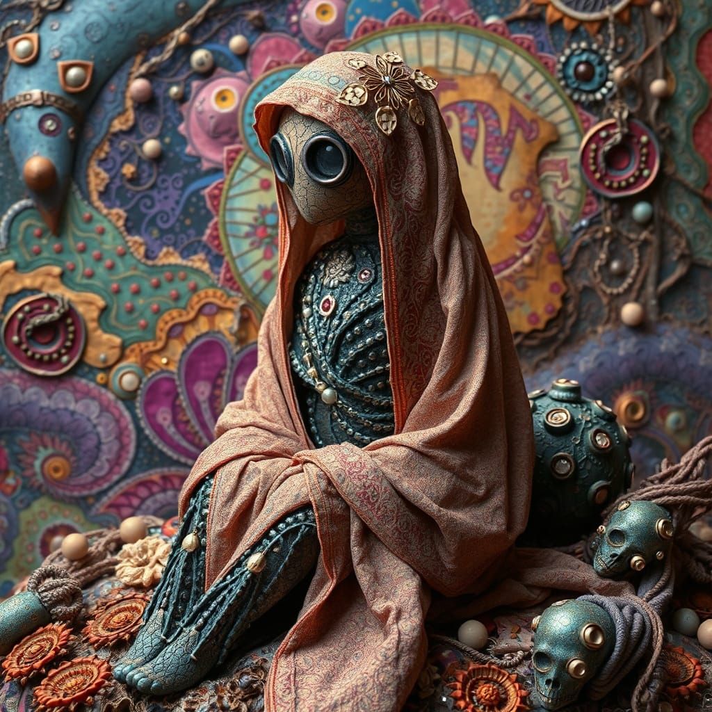 Folkloric Robot in Whimsical Cosmic Landscape