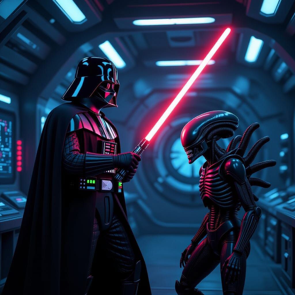 Darth Vader vs Xenomorph in Sci-Fi Noir Style