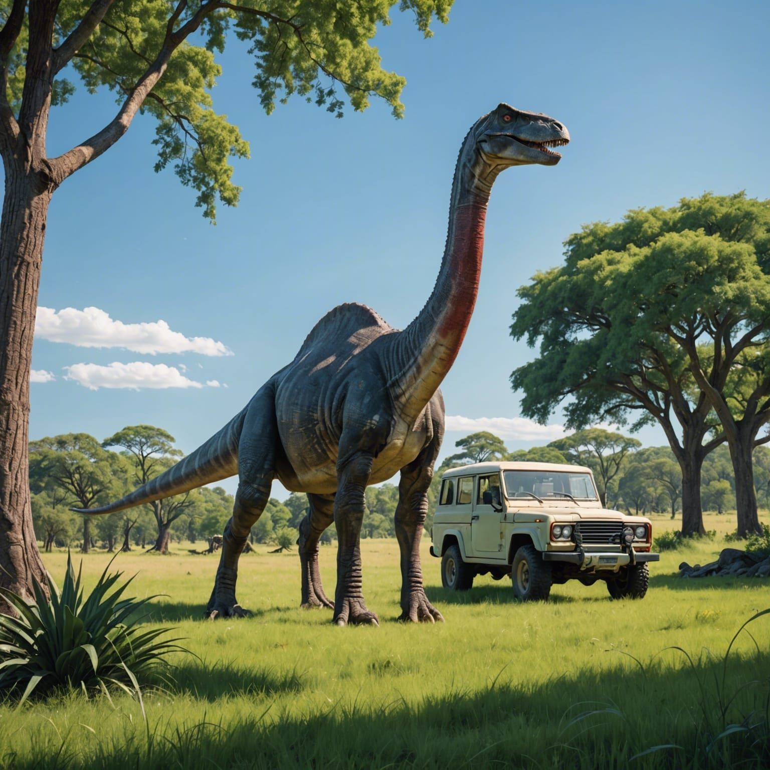 Prehistoric Landscape with Dinosaur and Vintage Jeep