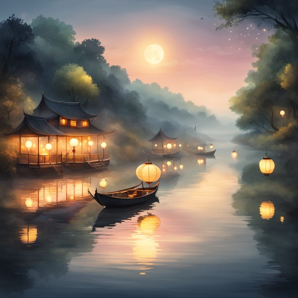 Floating Lanterns on Misty River: Watercolor Concept