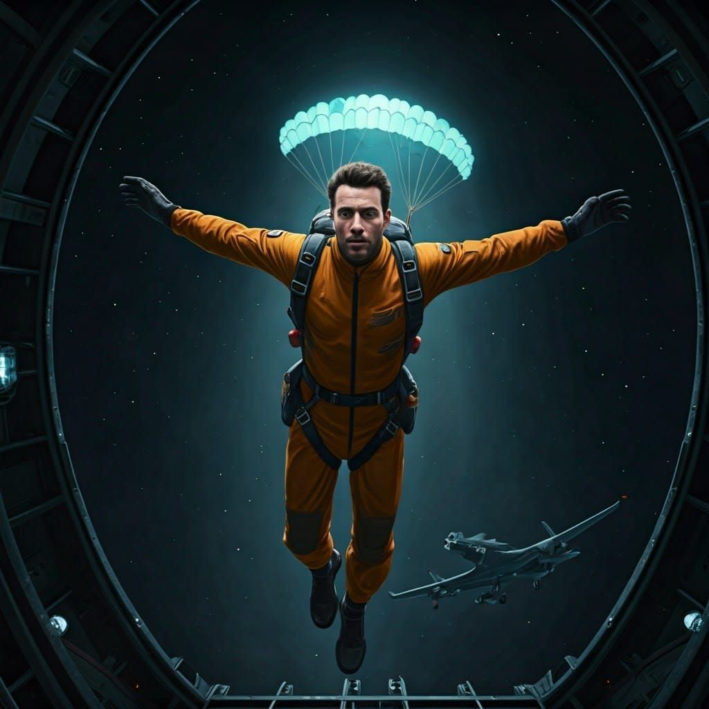 Futuristic Skydiver Leaps from Airplane