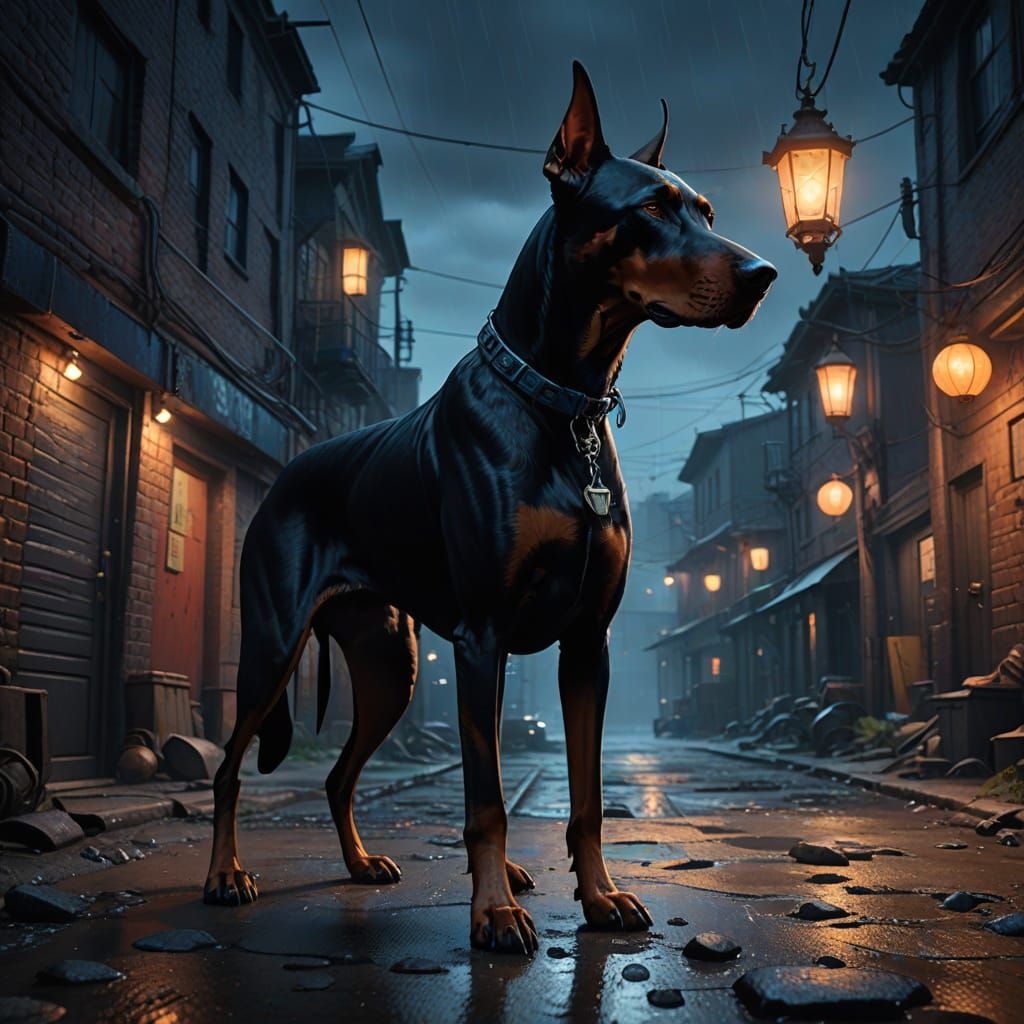Majestic Doberman Guards Mystic Alleyway in the Rain