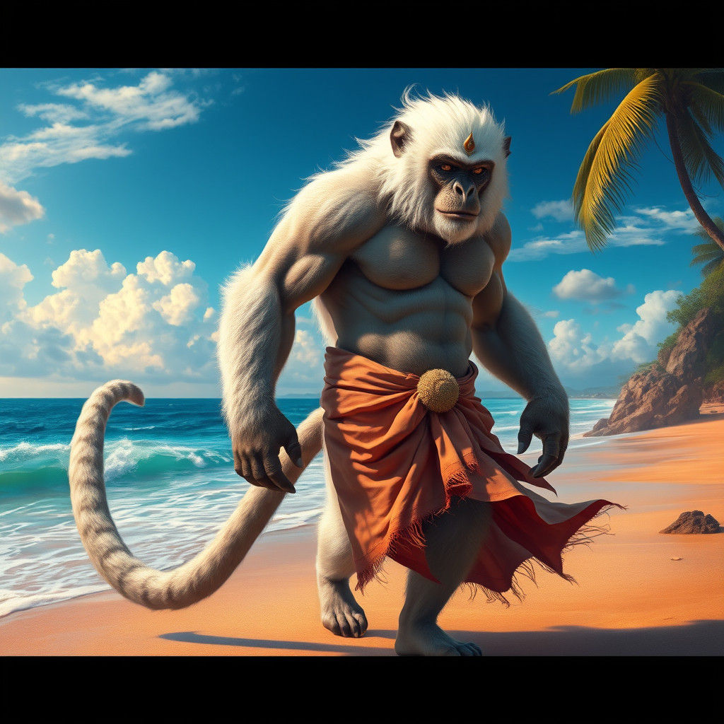 Majestic Monkey-Human Hybrid on Tropical Beach