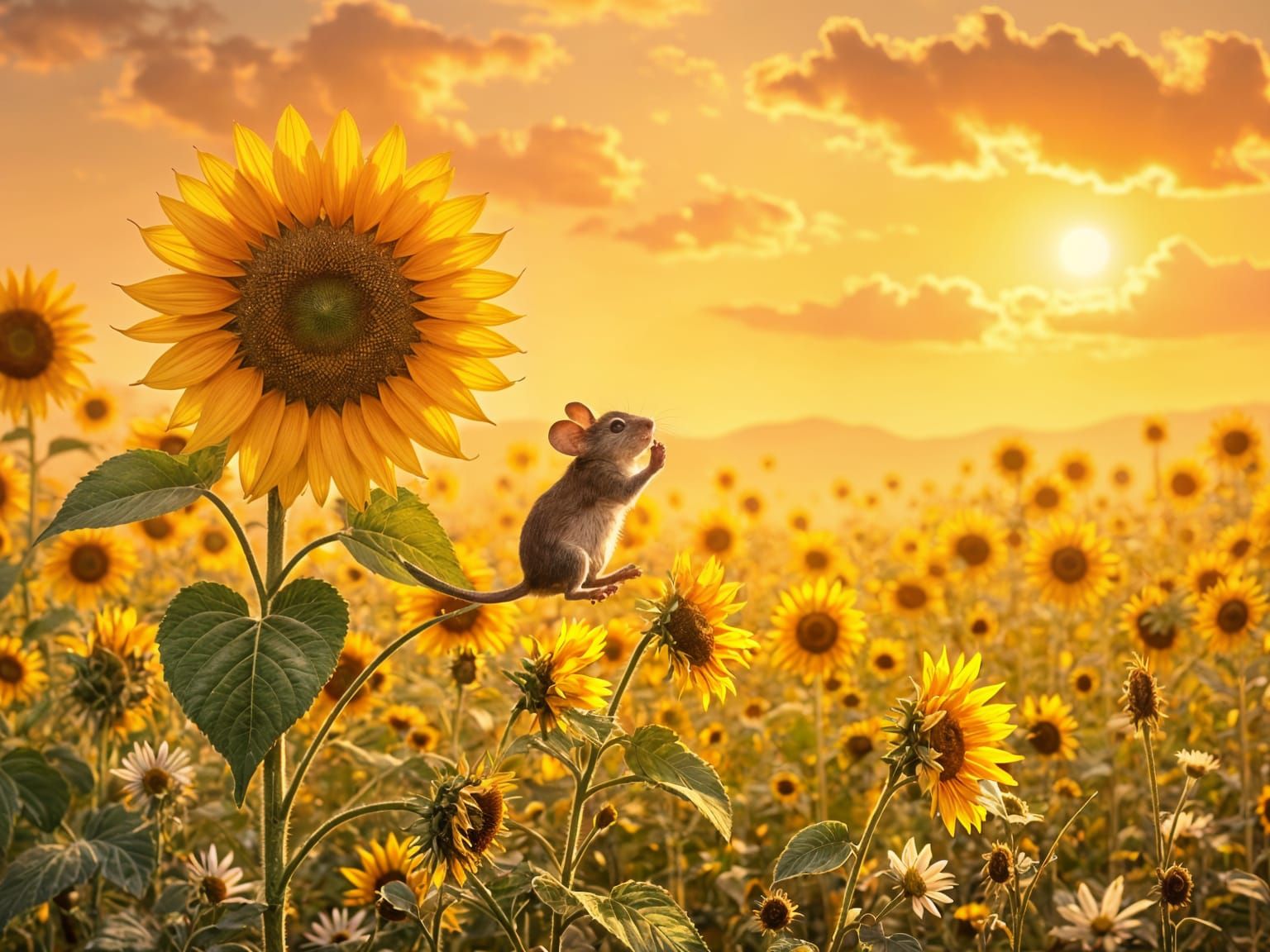Field Mouse's Sunflower Triumph at Sunset