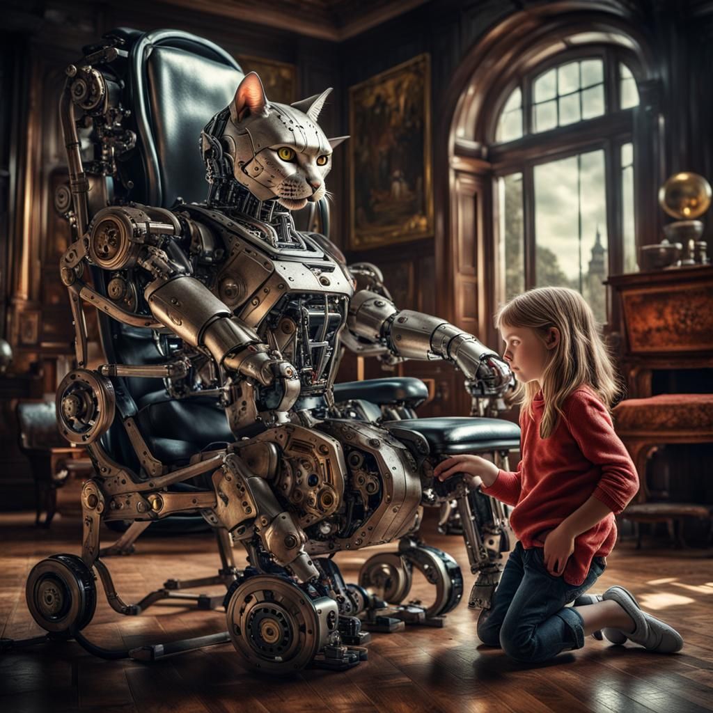 Girl Petting Cyborg Cat in Country House