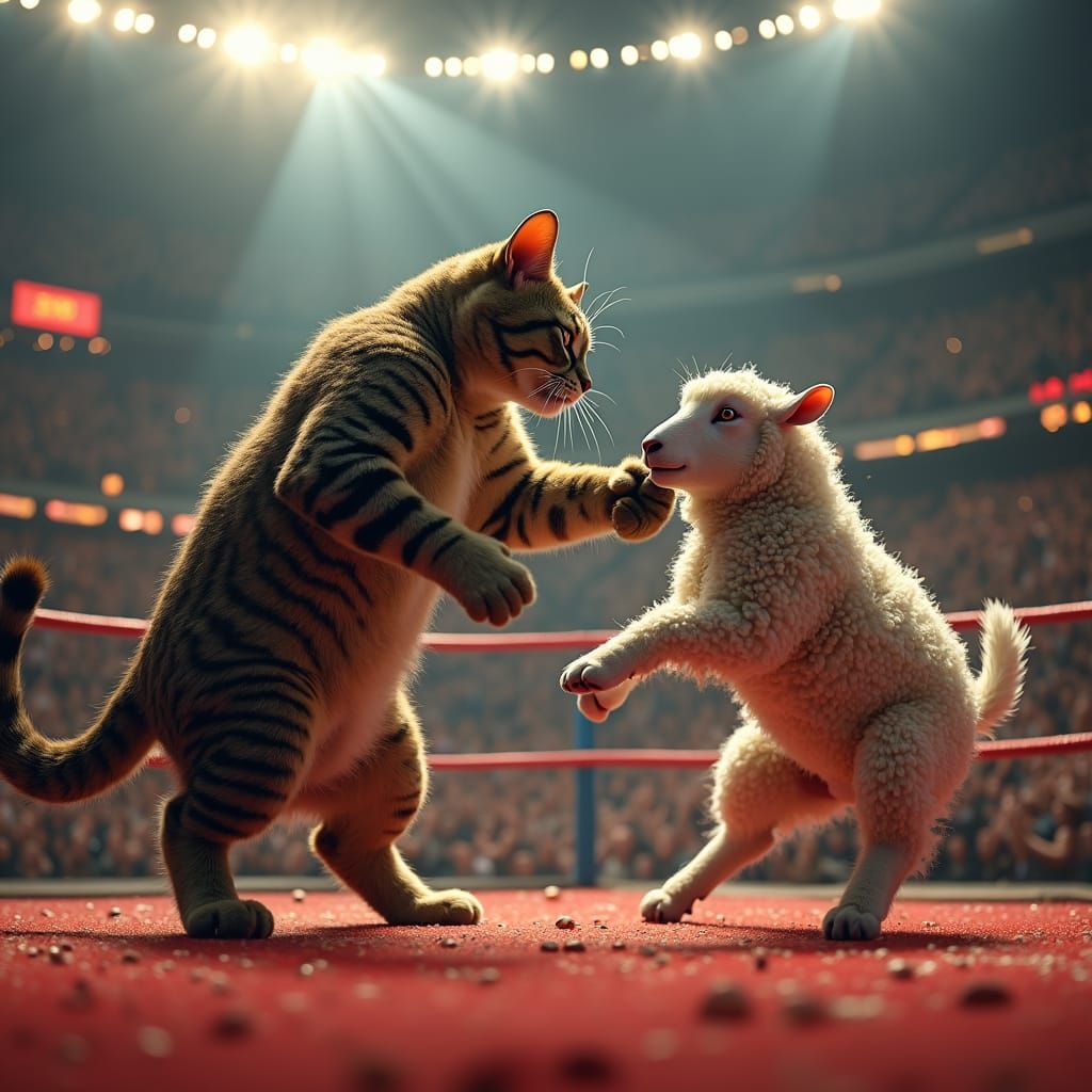 Cat Boxer Knocks Out Sheep in Boxing Ring