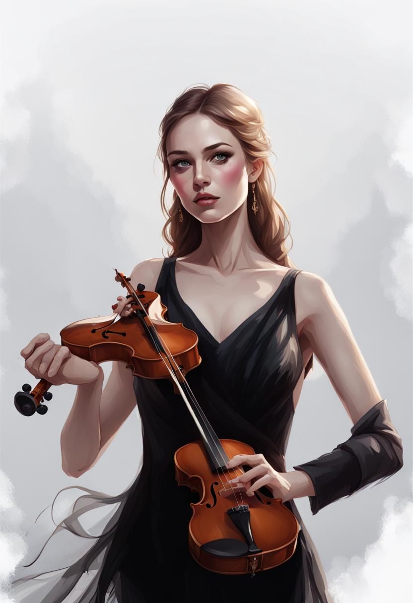 Beautiful Woman Playing Violin: Hyperdetailed Portrait