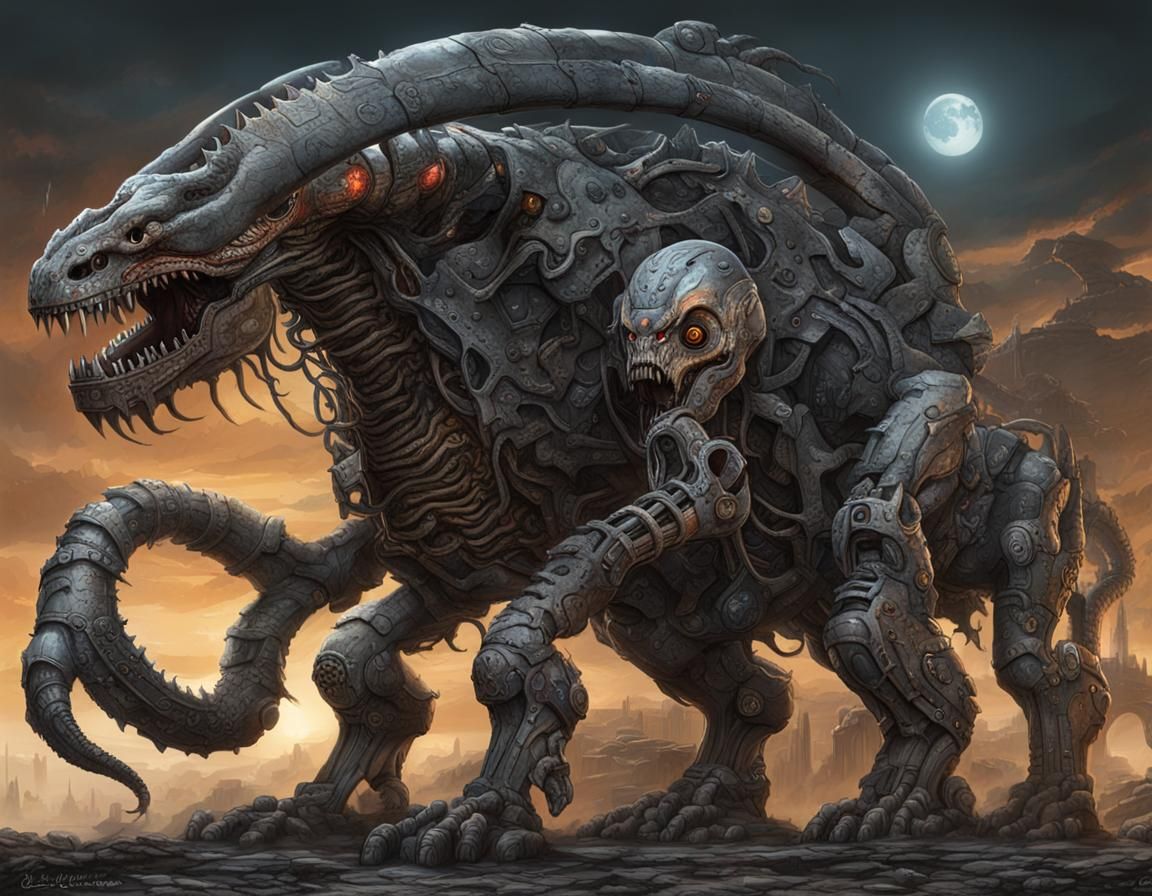 Cyberpunk Undead Tarrasque Hydra in Giger Style