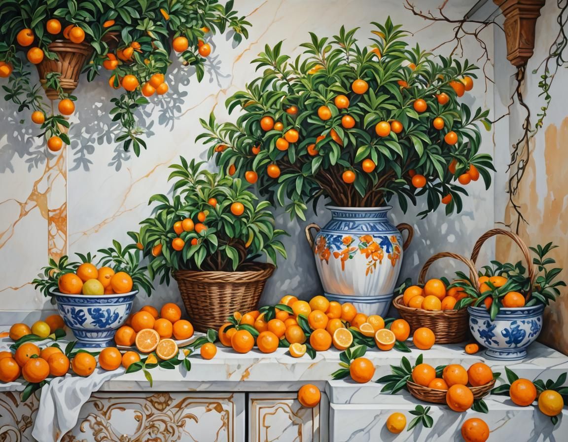 Sicilian Kitchen Still Life with Citrus Fruits