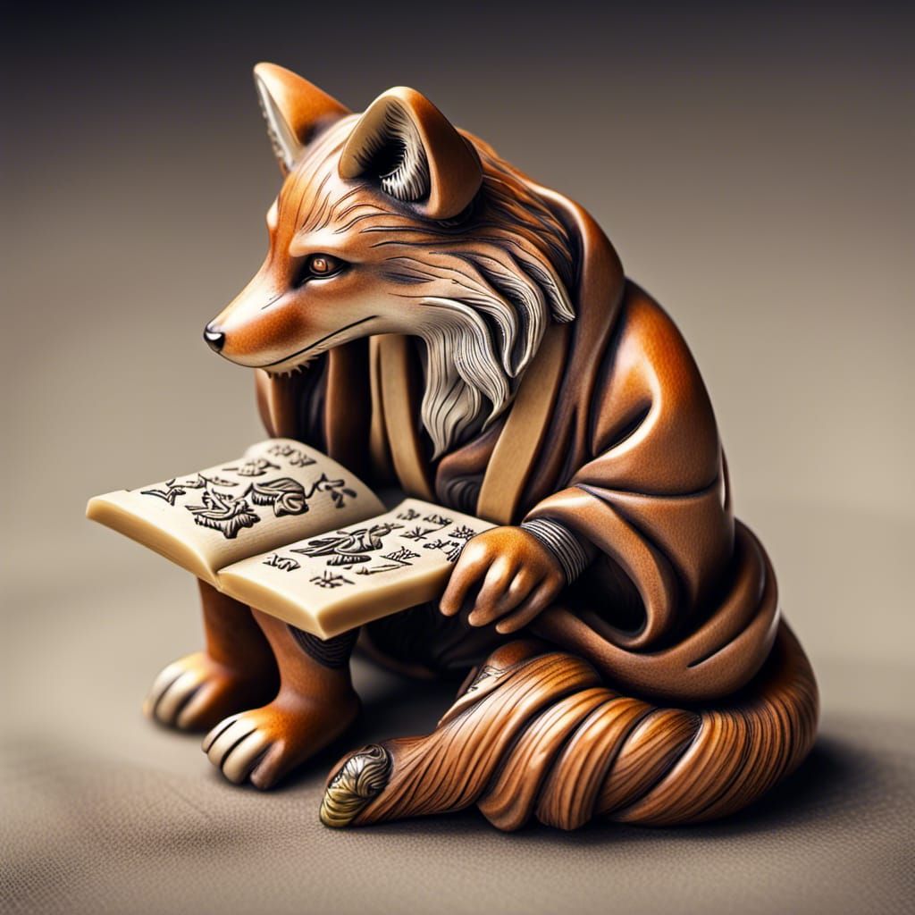 Fox reading a scroll, in the style of Garaku