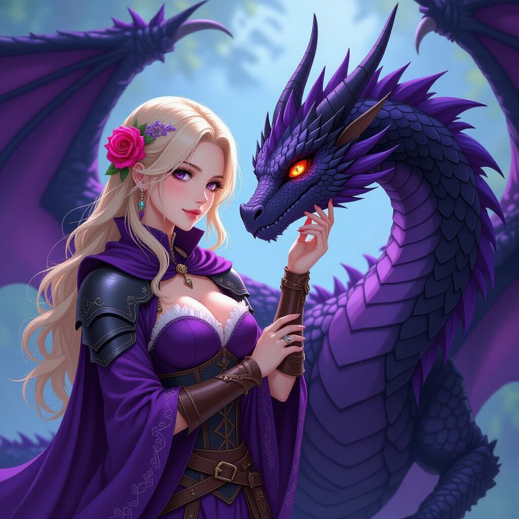 Medieval Woman and Dragon in Anime Style