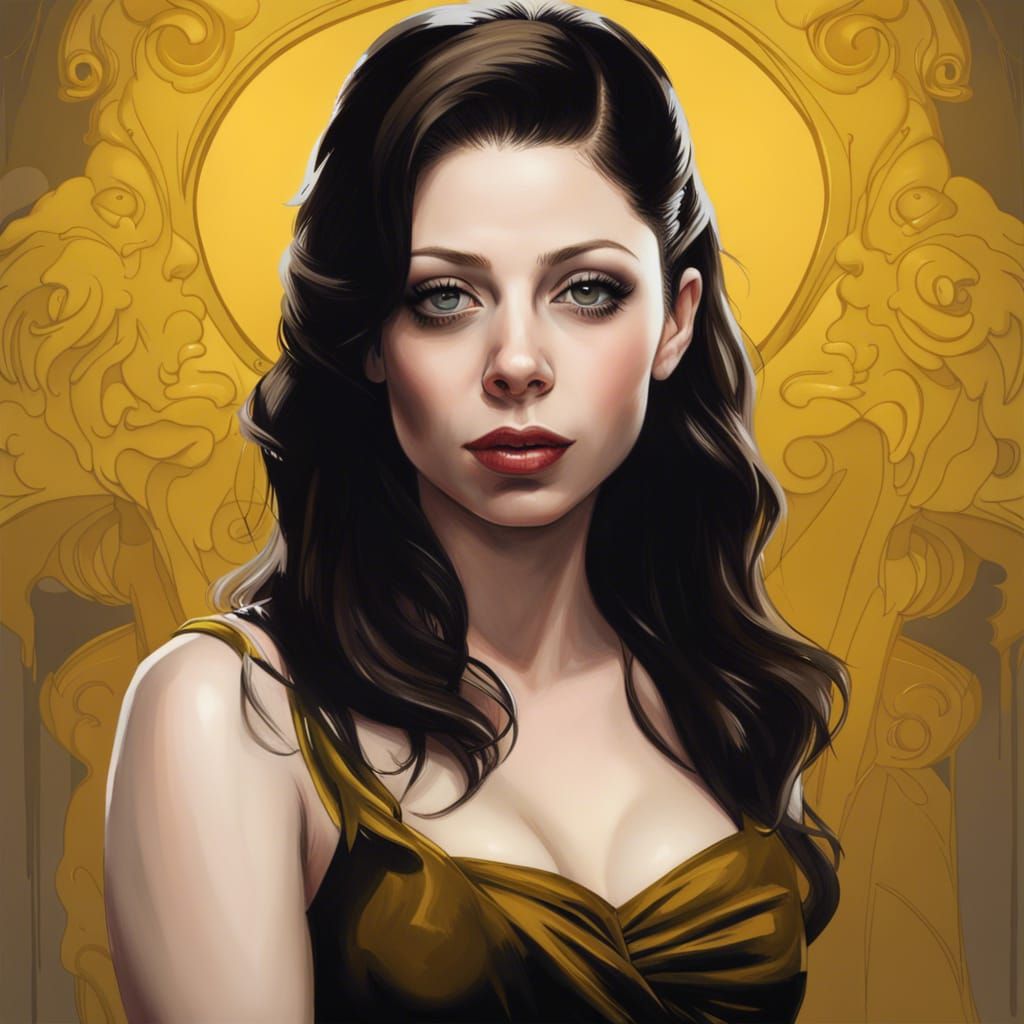 Actress Michelle trachtenberg, in A yellow dress, as a femme fatale, noir, realistic, hyper detailed,