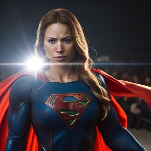 Supergirl Bodybuilder Flexing, Cinematic Film Still
