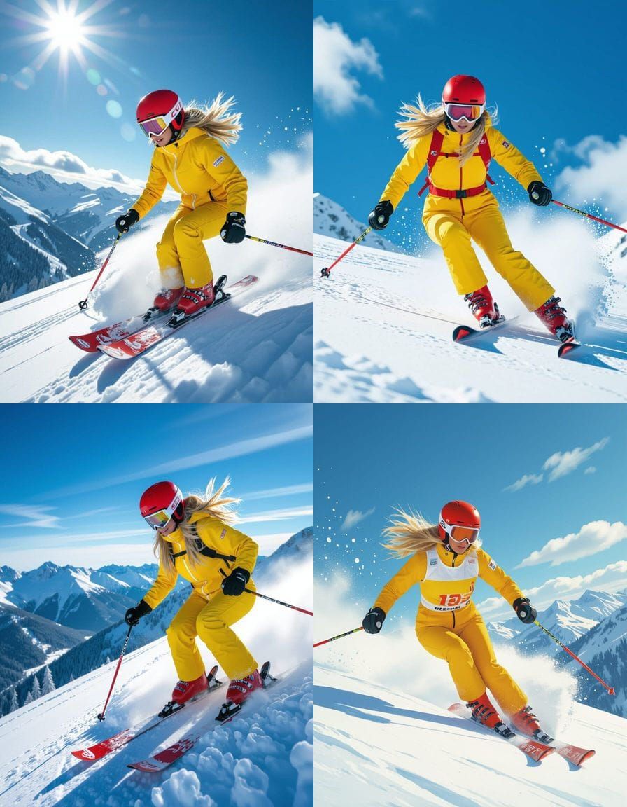 Female Skier in Yellow Suit Carving Snowy Mountain Turn