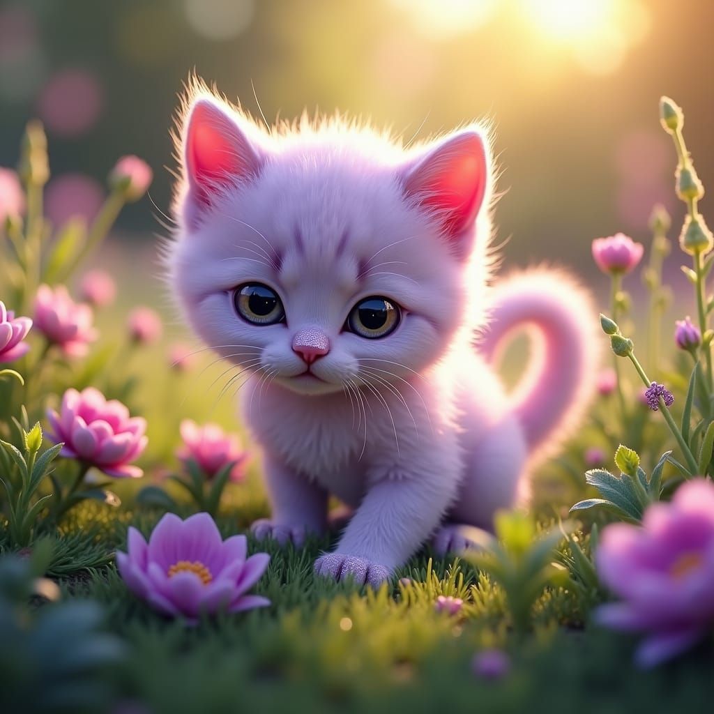 Lavender Kitten in Whimsical Garden Scene