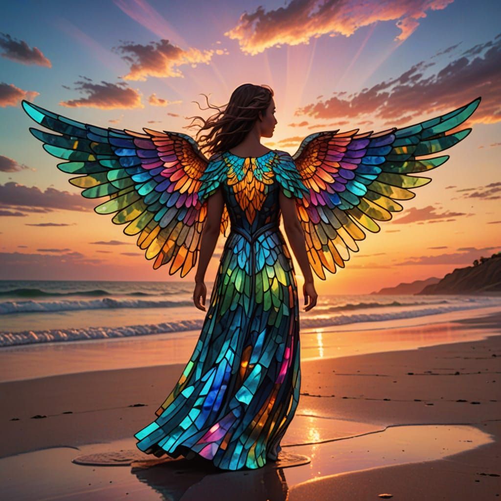 Stained-Glass Angel Soars Amidst Vibrant Sunset Colors