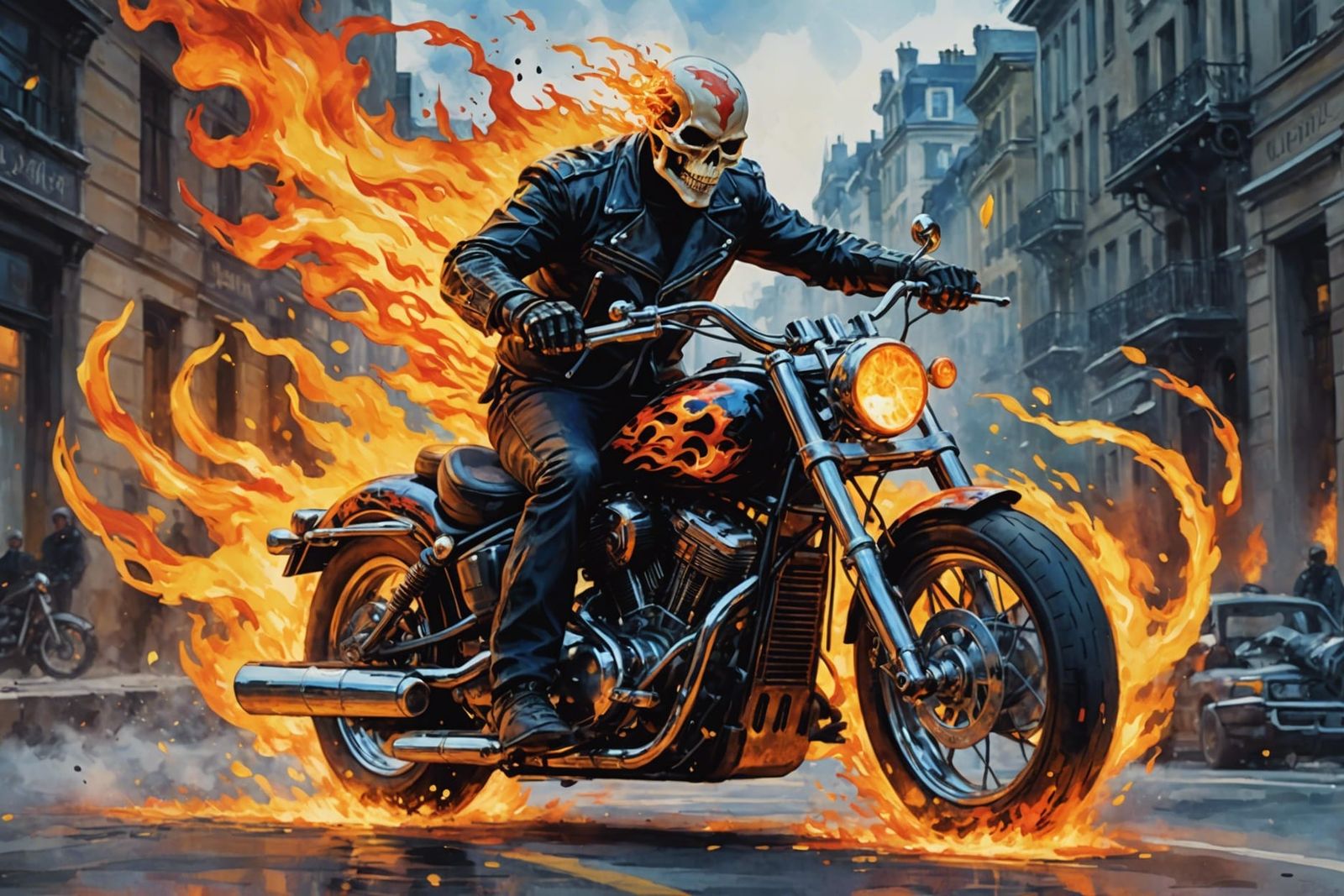 Ghost Rider on Flaming Motorcycle in Watercolor Style