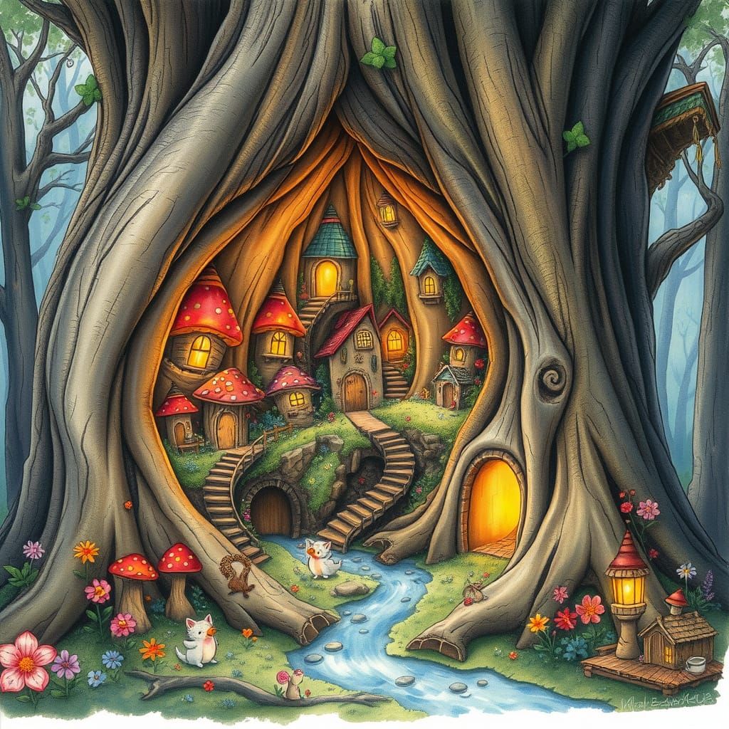 Enchanting Fairy Village in Watercolor Style