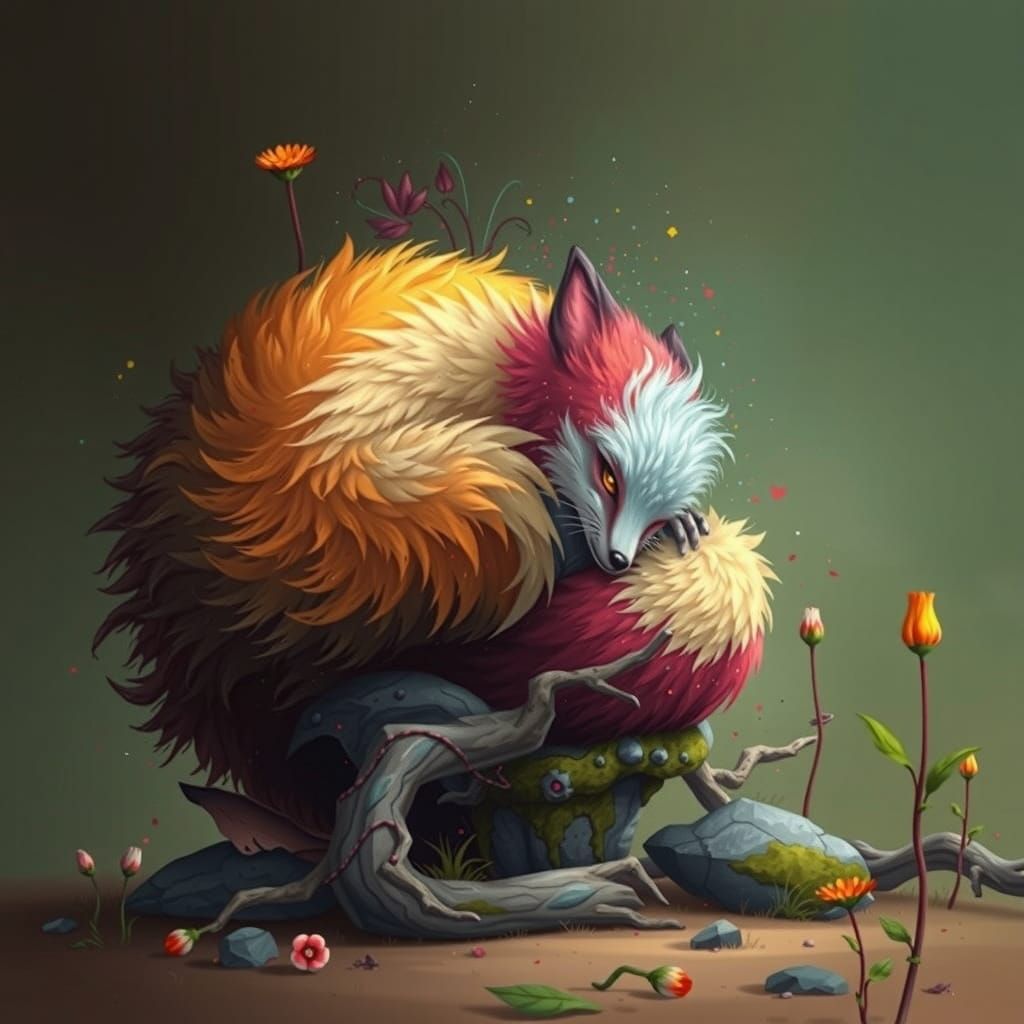 Surreal Orange Fox in Vibrant Forest Scene with Magical Ligh...
