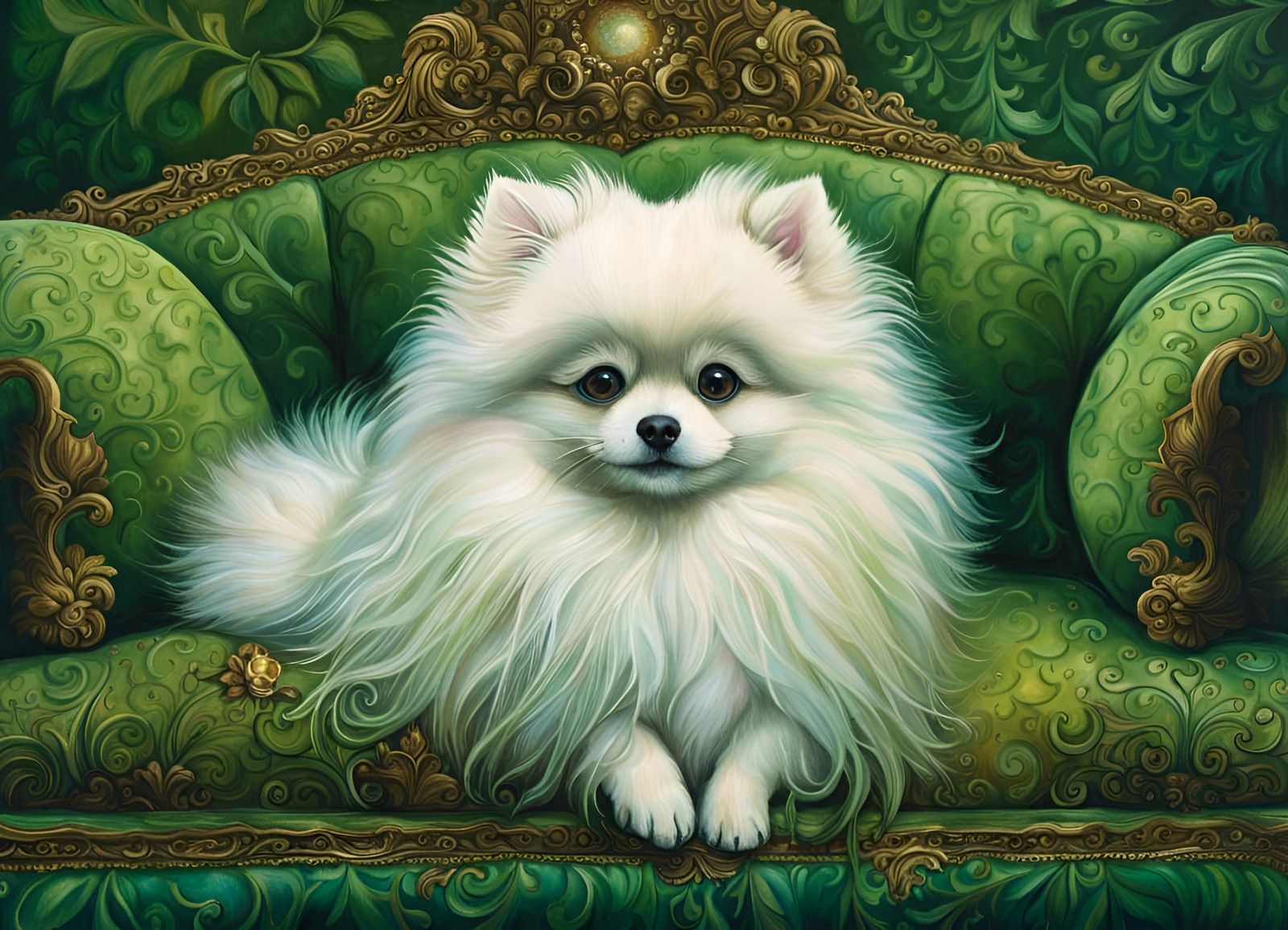 Spoiled Pomeranian on Victorian Couch, Detailed Digital Art